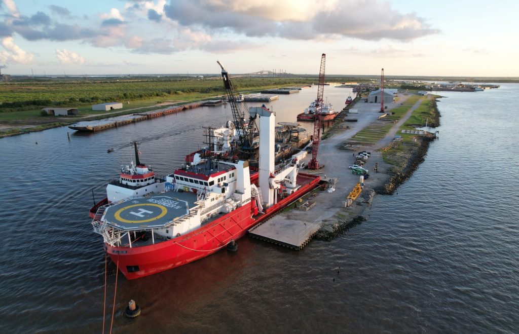 Offshore construction vessel at port